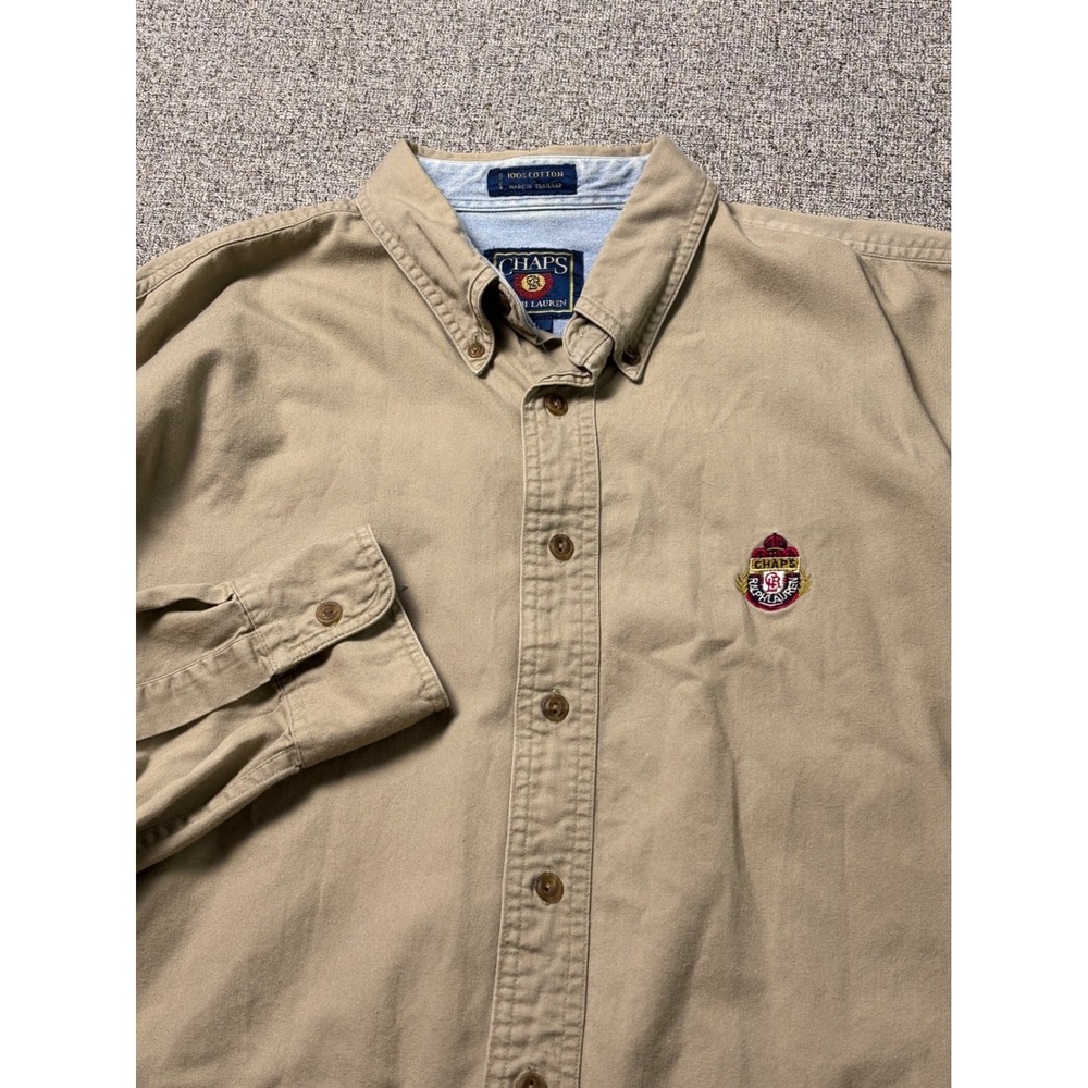 Chaps Ralph Lauren Shirt Mens Large Vintage Khaki Tan Button-Down Crest Logo